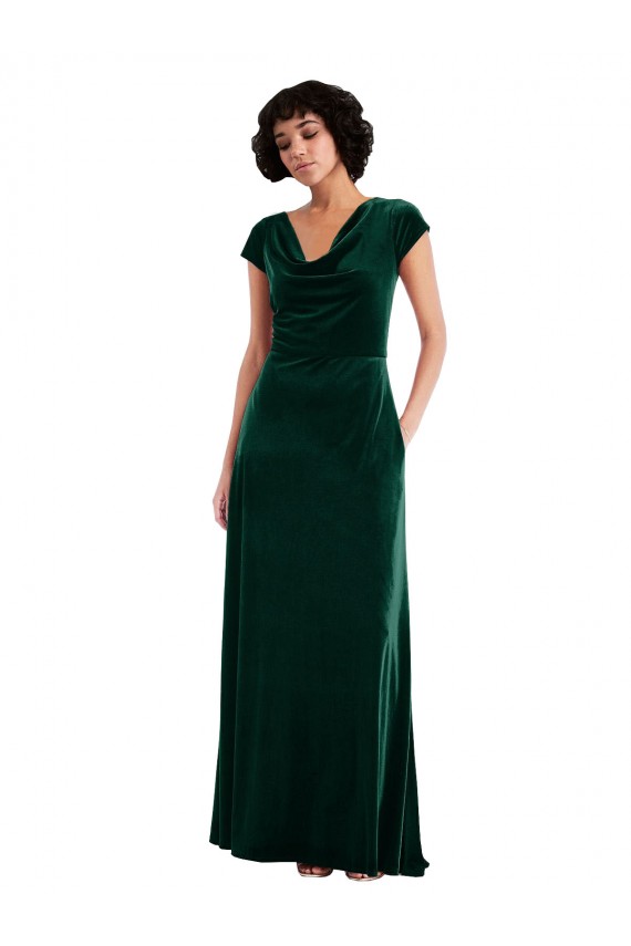 Cheapest Cap Sleeves Stretch Velvet A-Line Long Cowl Neck Maxi Evening Dress UK