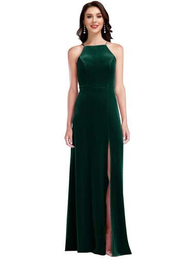 Cheapest Sleeveless Stretch Velvet A-Line Long High Neck Maxi Evening Dress UK