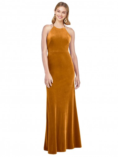 Cheapest Sleeveless Stretch Velvet A-Line Long High Neck Evening Dress UK