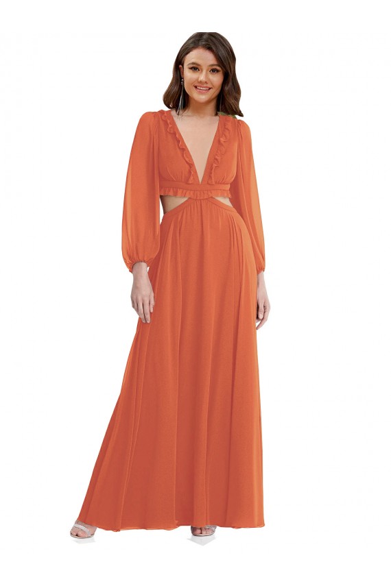 Cheapest Long Sleeves Soft Chiffon A-Line Long V-Neck Maxi Evening Dress UK