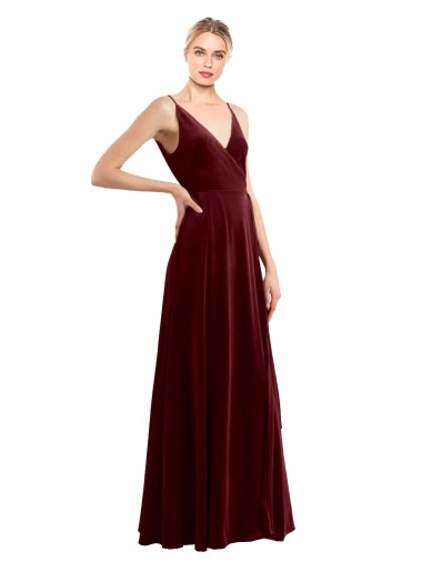 Cheapest Sleeveless Stretch Velvet A-Line Long V-Neck Burgundy Evening Dress UK