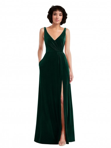 Cheapest Sleeveless Stretch Velvet A-Line Long V-Neck Maxi Evening Dress UK