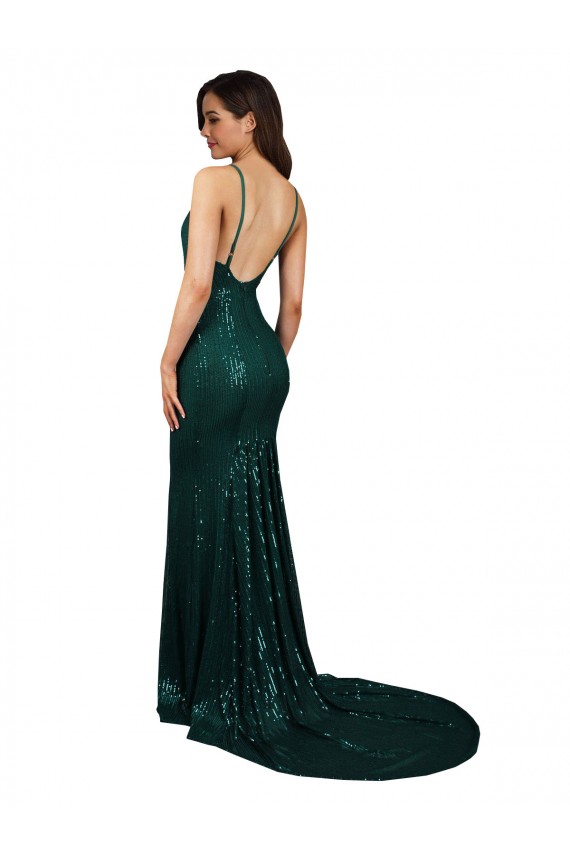 Cheapest Sleeveless Sequin Mermaid Long V-Neck Low Back Sexy Evening Dress UK