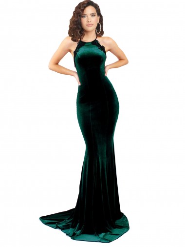 Cheapest Sleeveless Stretch Velvet Mermaid Sweep Train High Neck Evening Dress UK