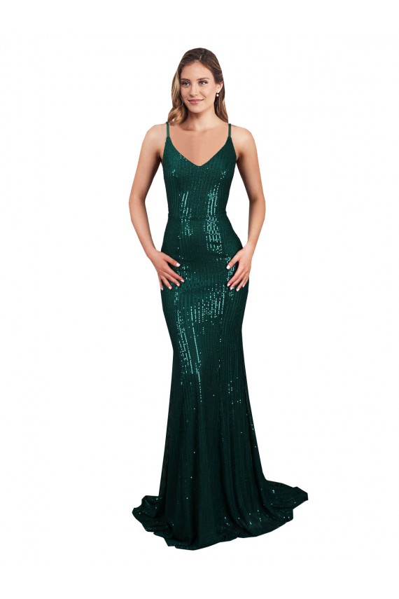 Cheapest Sleeveless Sequin Mermaid Long V-Neck Low Back Sexy Evening Dress UK