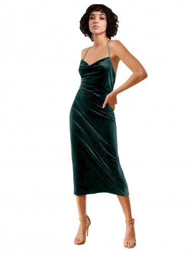 Cheapest Sleeveless Stretch Velvet Sheath Midi Length Cowl Neck Evening Dress UK