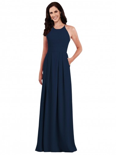 Cheapest Sleeveless Stretch Crepe Trumpet Long Halter Neck Dark Navy Semi Formal Evening Dress UK